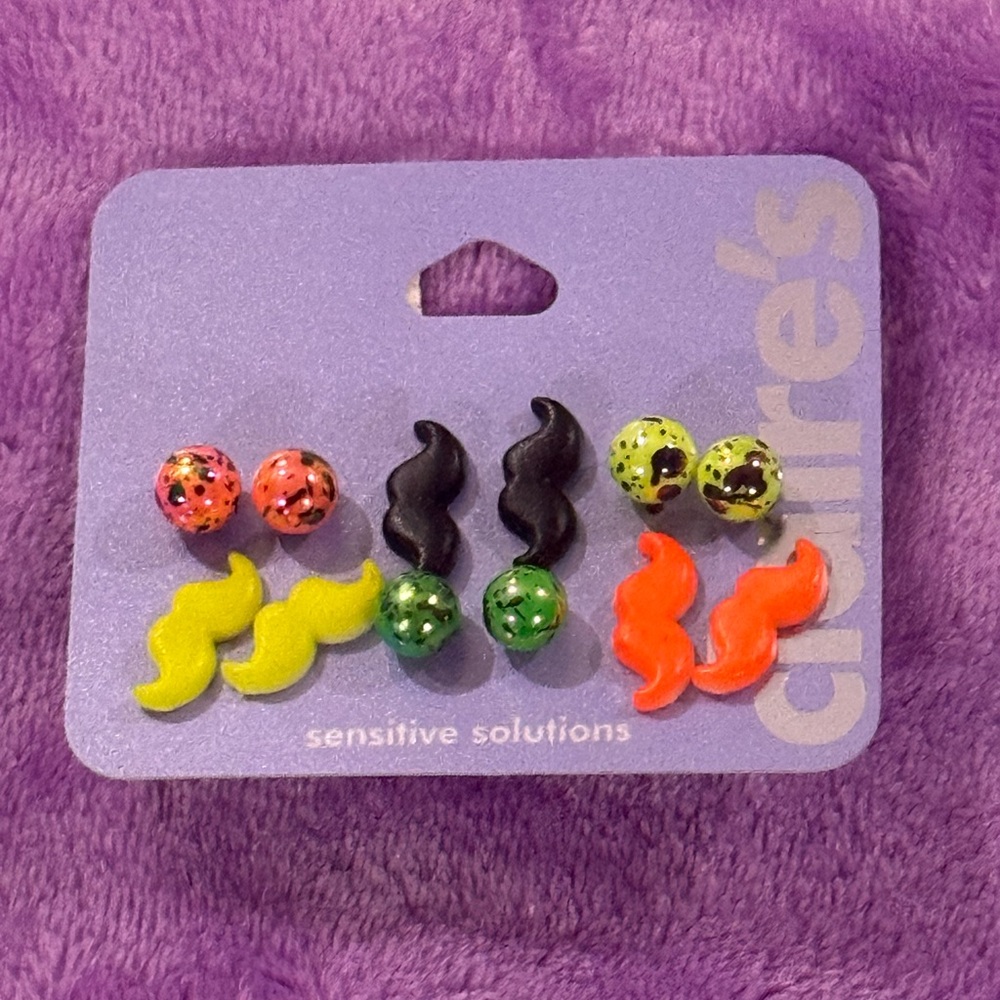 Claire's Colorful Moustache and Speckled Ball Stud Earrings Set, new